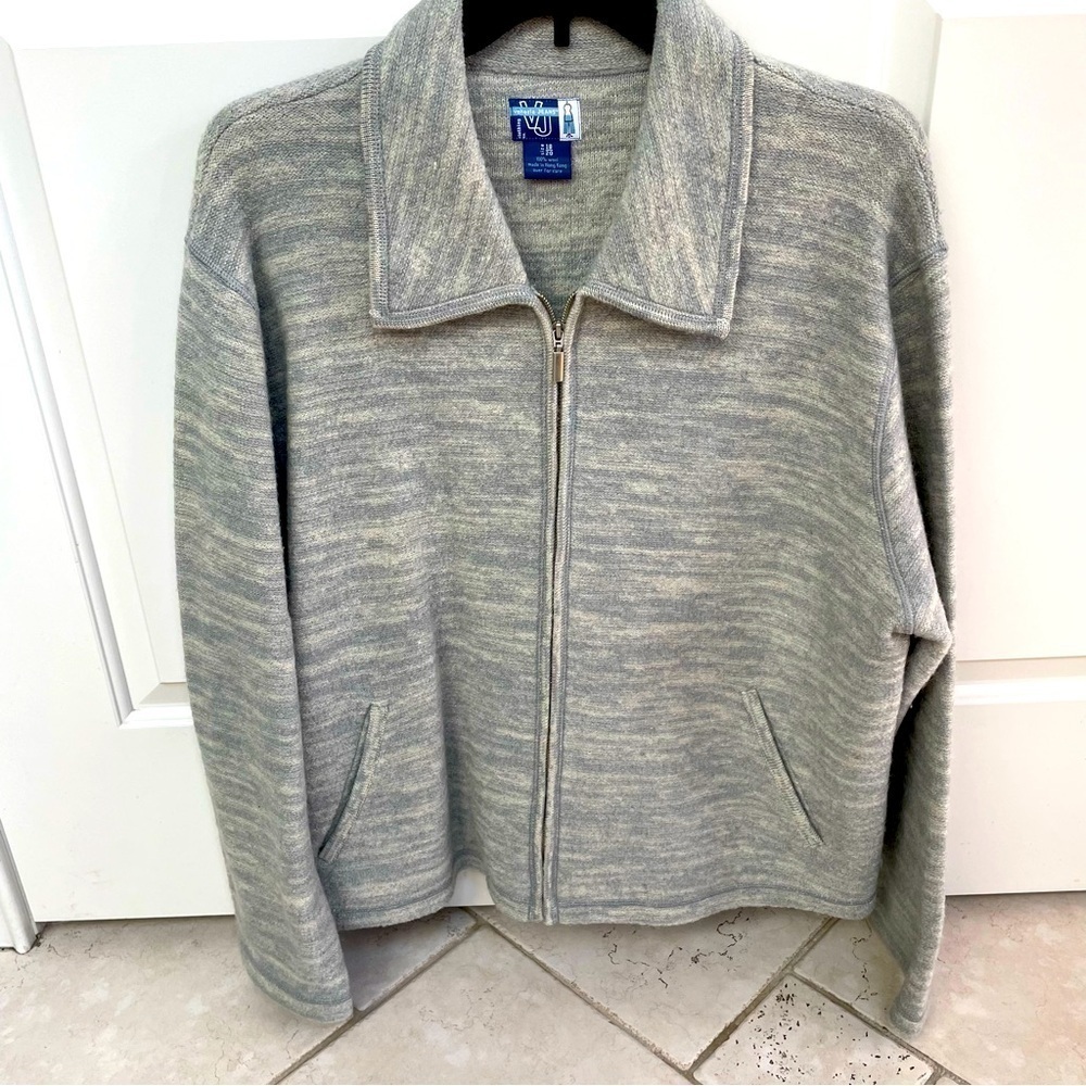 Venezia Vintage 100% Wool Zip Up Heather Grey Pockets Long Sleeve Jacket Sweater